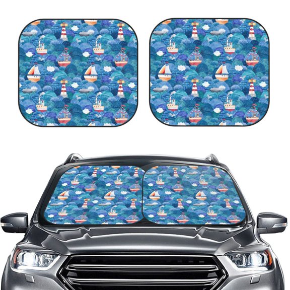 Picia Watercolor Ships 2 Piece Car Windshield Sun Shade Foldable | Foldable Sun Shield for Front Window Blocks UV Rays and Keeps Your Vehicle Cool-Medium