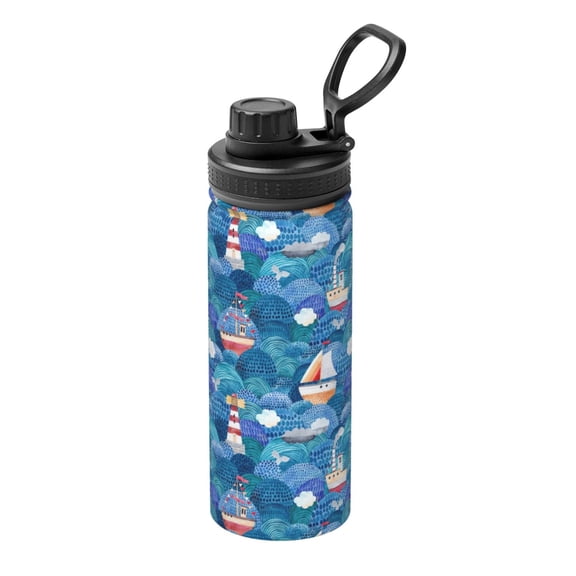 Picia Watercolor Ships Pattern Water Bottle 18 oz Stainless Steel Insulated Bottles With Handle Leak Proof Gym Sport Water Jug BPA-free insulated kettle For Men Women Adults