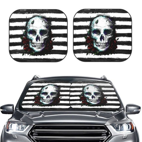 Picia Watercolor Skull 2 Piece Car Windshield Sun Shade Foldable | Foldable Sun Shield for Front Window Blocks UV Rays and Keeps Your Vehicle Cool-Large