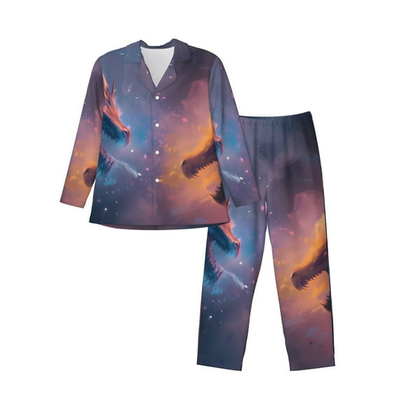 Picia Watercolor Sky Dragon Pattern Men’s Long-Sleeve Sleepwear Set - Soft 2-Piece Loungewear with Pockets, Comfy PJs for Relaxing Nights-XX-Large