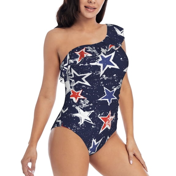 Picia Watercolor Stars Pattern Women's One Piece Swimsuits,One Shoulder Swimwear Asymmetric ,Ruffle Monokinis Bathing Suits,High Waisted Flattering Bathing Suits-Medium