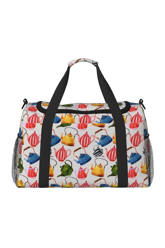 Watercolor Teapots Print Travel Duffle Bag,Weekender Bags for Women with Shoe Compartment, Gym Duffel Bag with Wet Pocket, Hospital Bags for Labor and Delivery