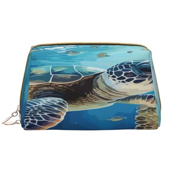 Picia Watercolor Turtle Print Leather Makeup Bag Make Up Bag Travel Toiletry Bag for Her Girlfriend Teacher Teen Girl Gifts