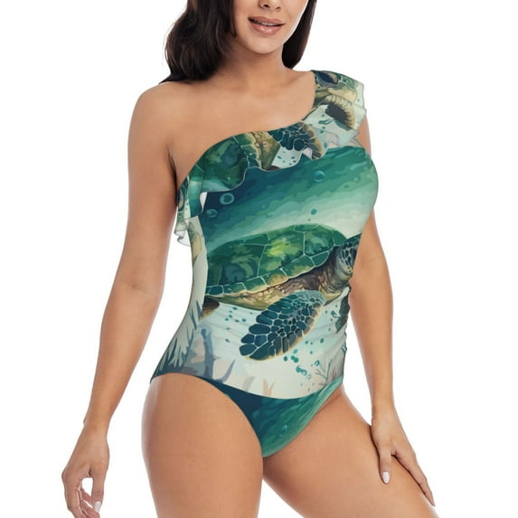 Picia Watercolor Turtle1 Pattern Women's One Piece Swimsuits,One Shoulder Swimwear Asymmetric ,Ruffle Monokinis Bathing Suits,High Waisted Flattering Bathing Suits-XX-Large