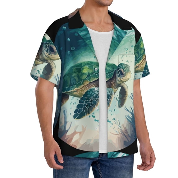Picia Watercolor Turtle5 Men's Linen Shirts Short Sleeve Cuban Beach Shirts Casual Shirts Button Down Shirt for Men Beach Summer Wedding Shirt-3X-Large