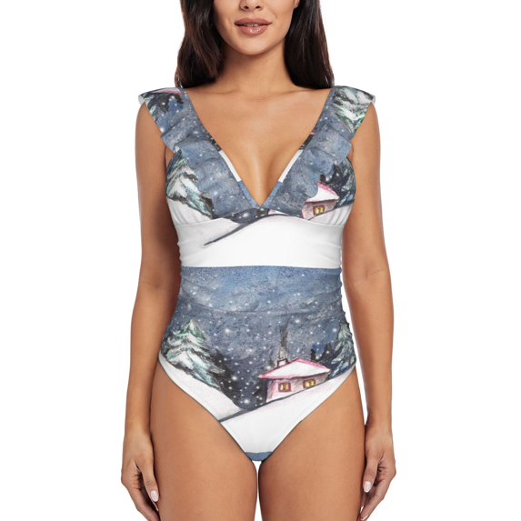 Picia Watercolor Winter Landscape For Christmas Blooming Jelly Womens Tummy Control Bathing Suits Slimming Ruffle Swimsuit One Piece Lace Swimwear-