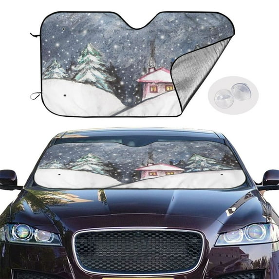 Picia Watercolor Winter Landscape For Christmas Curved Windshield Sunshade Accordion Folding Style Auto Shade for Car Truck SUV Van Blocks UV Ray Sun Visor Protector -Small
