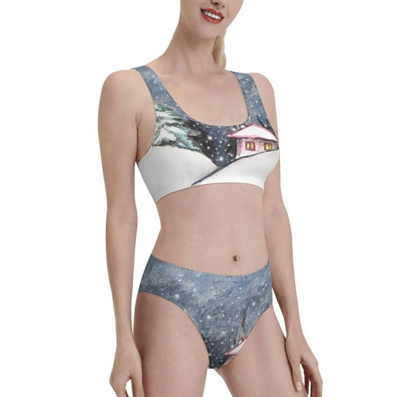 Picia Watercolor Winter Landscape For Christmas Women's High Waisted Bikini Scoop Neck Swimsuit Two Pieces Bathing Suit-Large