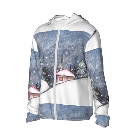 Picia Watercolor Winter Landscape For Christmas Women's Men's UPF 50+ Sun Protection Hoodie Shirt Long Sleeve SPF Fishing Outdoor UV Hiking Lightweight Shirts-Medium