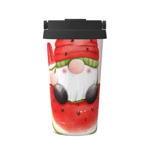 Picia Watermelon Gnome Pattern 500ml Carry Insulated Coffee Mug, Stainless Steel Travel Mug with Hidden Handle, Leak-Proof for Car, Office, Home, and Outdoor Use