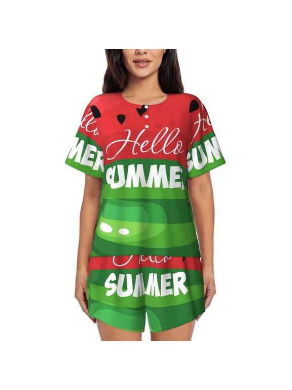 Watermelon Hello Summer Pajamas Sets for Women Soft Short-Sleeved Pjs with Lounge Shorts Two Piece Sleepwear-X-Large