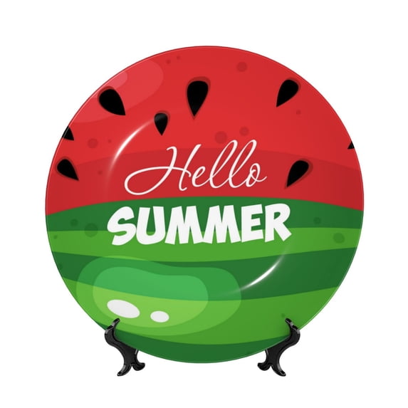 Picia Watermelon Hello Summer Pattern Bone China Decorative Plate – Wall Decor with Stand and Adhesive, Elegant Ornament for Living Room, Office, or Entryway-8in