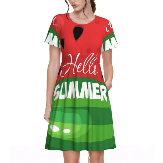 Picia Watermelon Hello Summer Pattern Women's Short Sleeve Summer Dress Pleated Loose Swing Knee Length Short Sleeve Swing Dresses