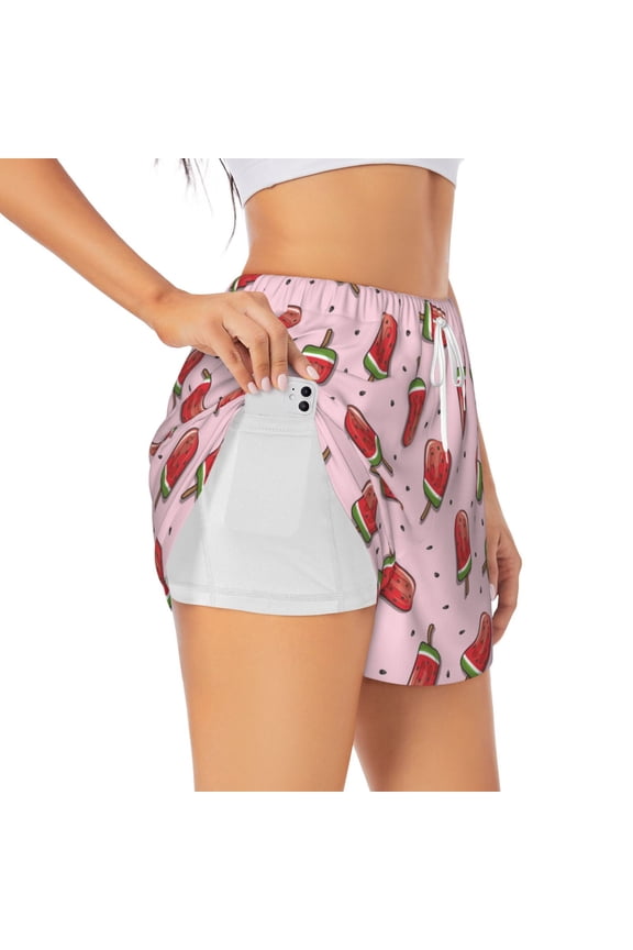 Watermelon Ice Cream Pattern Women's 2 in 1 Athletic Running Shorts High Waisted Workout Casual Gym Sweat Shorts with Comfy Liner Zipper Pockets-X-Large