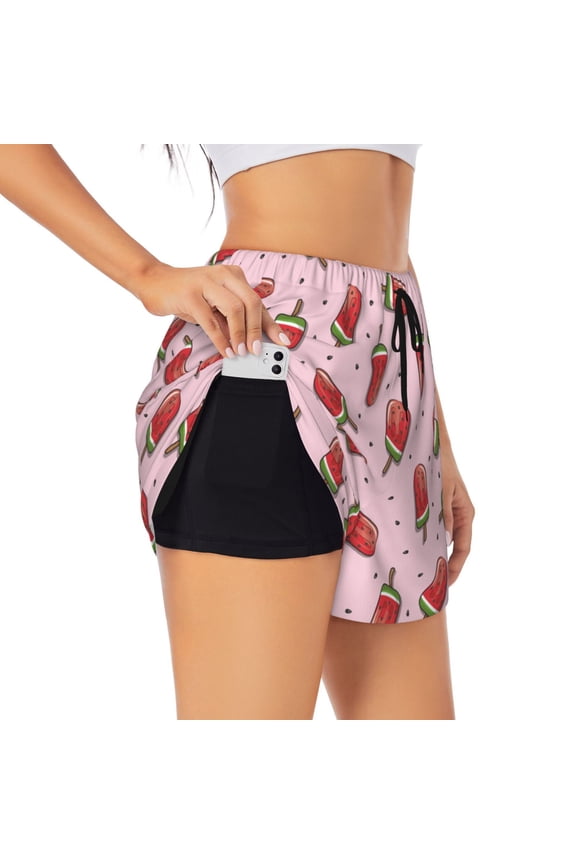 Watermelon Ice Cream Pattern Women's 2 in 1 Athletic Running Shorts High Waisted Workout Casual Gym Sweat Shorts with Comfy Liner Zipper Pockets-Large