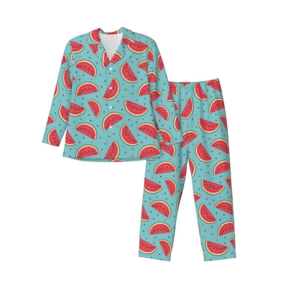 Picia Watermelon Pattern Men’s Long-Sleeve Sleepwear Set - Soft 2-Piece Loungewear with Pockets, Comfy PJs for Relaxing Nights-Small