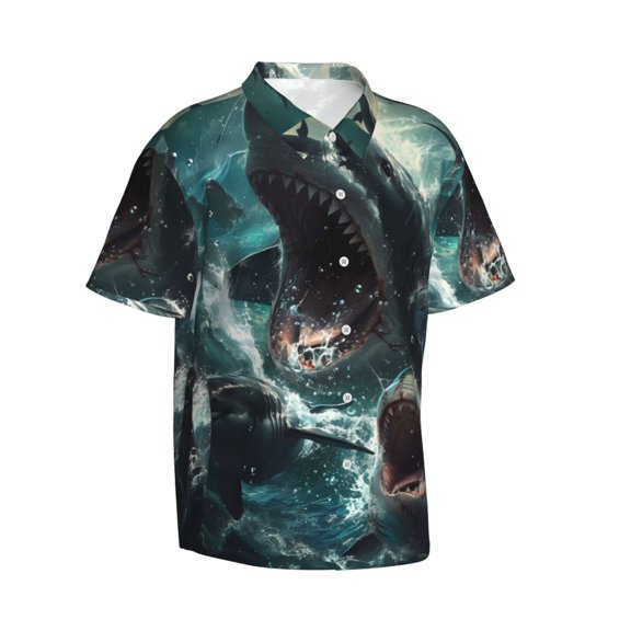 Picia Wave Ocean Animal Shark Gentle Cotton Regular Fit Short Sleeve Casual Hawaiian Shirt for Men-Large