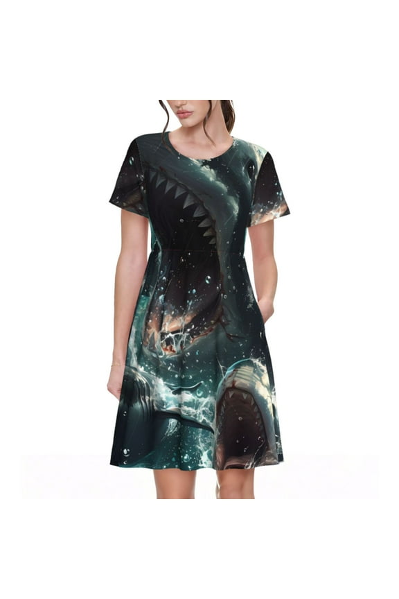 Wave Ocean Animal Shark Pattern Women's Short Sleeve Summer Dress Pleated Loose Swing Knee Length Short Sleeve Swing Dresses
