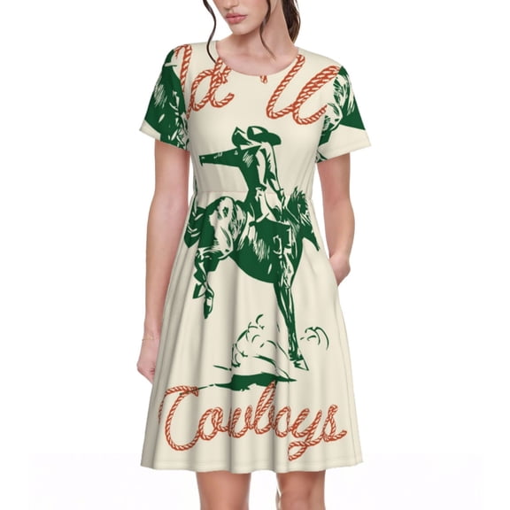 Picia West Cowboys Pattern Women's Short Sleeve Summer Dress Pleated Loose Swing Knee Length Short Sleeve Swing Dresses