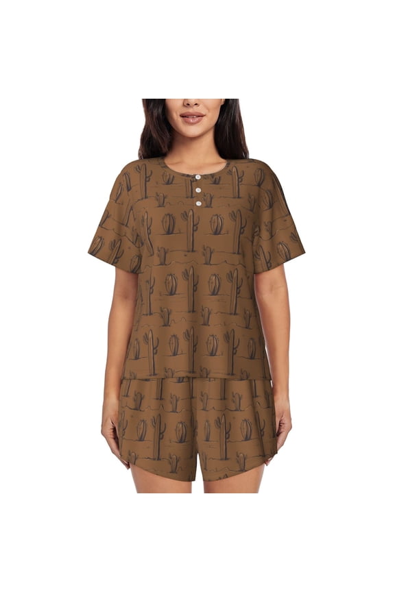 Western Cactus Pajamas Sets for Women Soft Short-Sleeved Pjs with Lounge Shorts Two Piece Sleepwear-Medium
