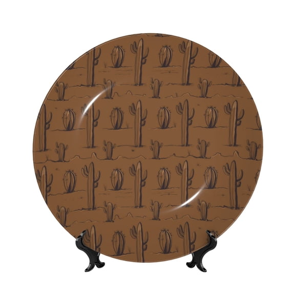 Picia Western Cactus Pattern Bone China Decorative Plate – Wall Decor with Stand and Adhesive, Elegant Ornament for Living Room, Office, or Entryway-8in