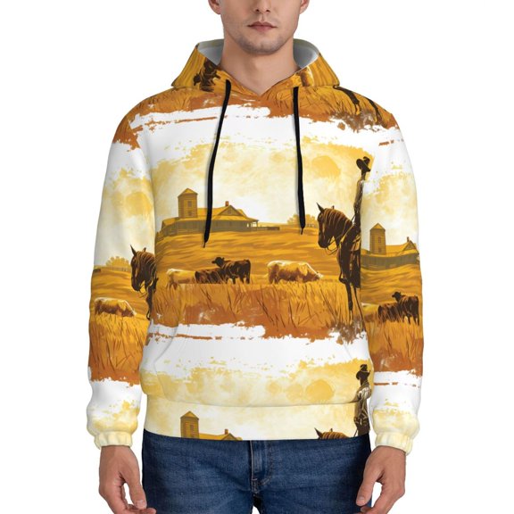 Picia Western Cowboy Ranch Pattern Casual Men's Hoodie - Lightweight Hooded Sweatshirt with Kangaroo Pocket, Comfortable Pullover for Everyday, Travel-Large