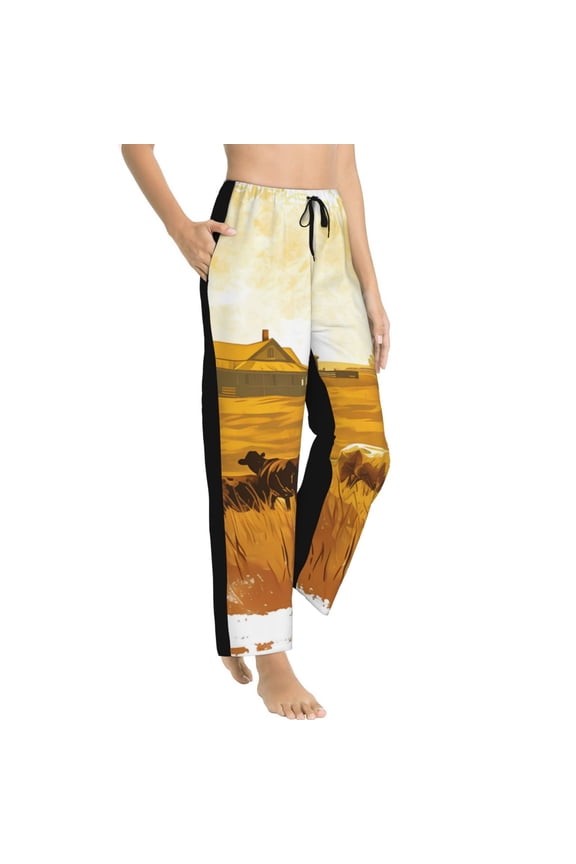 Western Cowboy Ranch Womens Soft Woven Cotton Elastic Waistband Sleep Pajama Pant Lounge Sleep Pant With Pockets And Drawstring-Medium