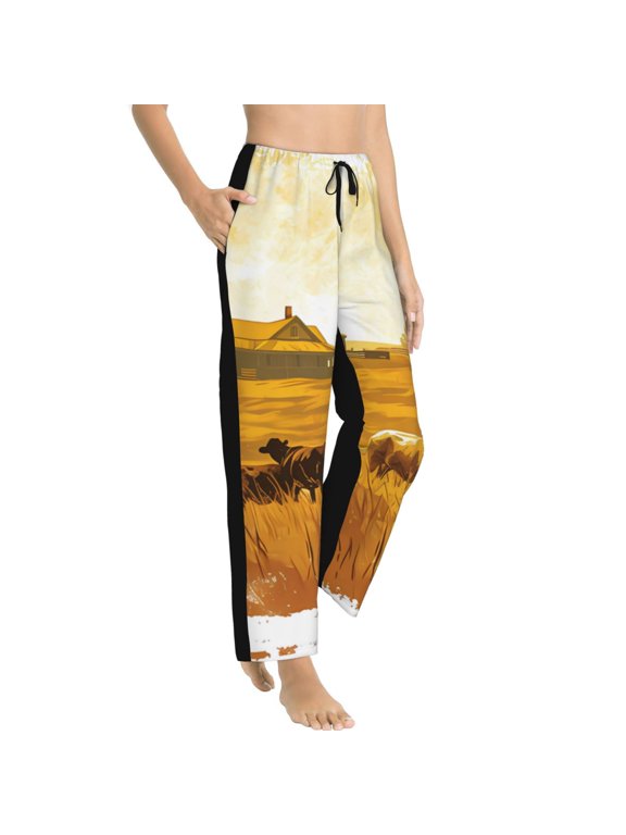 Western Cowboy Ranch Womens Soft Woven Cotton Elastic Waistband Sleep Pajama Pant Lounge Sleep Pant With Pockets And Drawstring-Medium