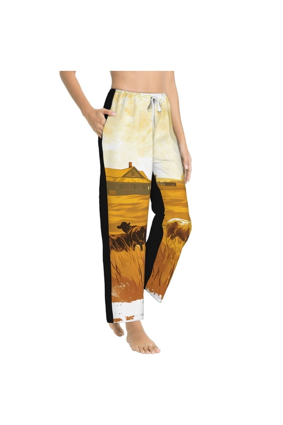 Western Cowboy Ranch Womens Soft Woven Cotton Elastic Waistband Sleep Pajama Pant Lounge Sleep Pant With Pockets And Drawstring-Small