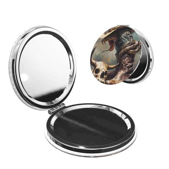 Picia Western Cowboy Snake Ram Skull for Compact Vanity Mirror , Travel Makeup Mirror , Portable Magnifying Cosmetic Mirror for Daily, Work, Business-Round Shape