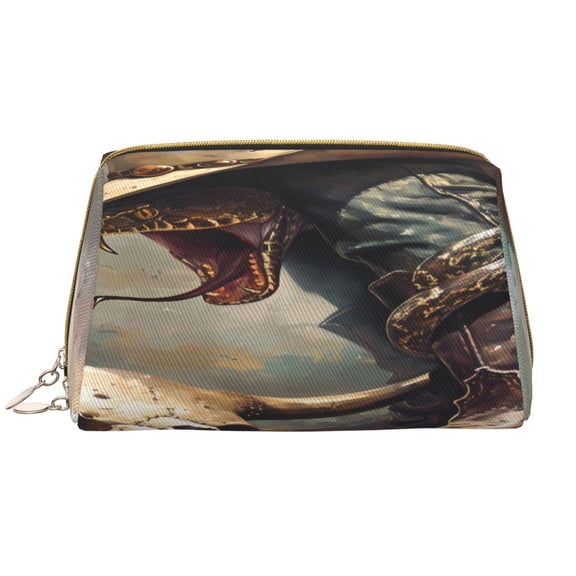 Picia Western Cowboy Snake Ram Skull Print Leather Makeup Bag Make Up Bag Travel Toiletry Bag for Her Girlfriend Teacher Teen Girl Gifts