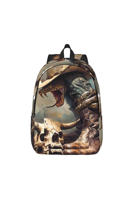 Western Cowboy Snake Ram Skull Printed Canvas Daypack - Stylish and Durable Vintage Compact Backpack - Class, Work, Travel, or Laptop Bookbag,Organized Compartments-Medium