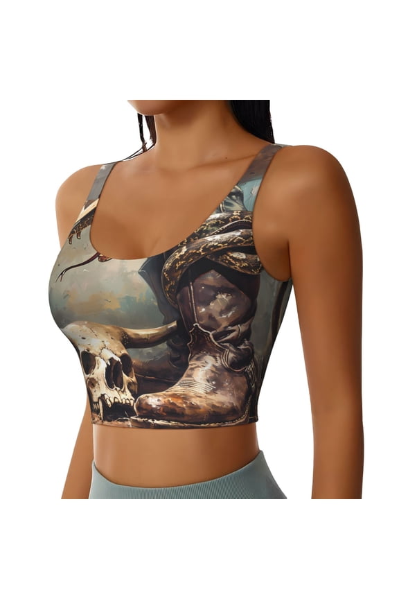 Western Cowboy Snake Ram Skull Sports Bra for Women,Padded Strappy Sports Bras Medium Support Yoga Bra with Removable Cups,Running Yoga Bra-Small