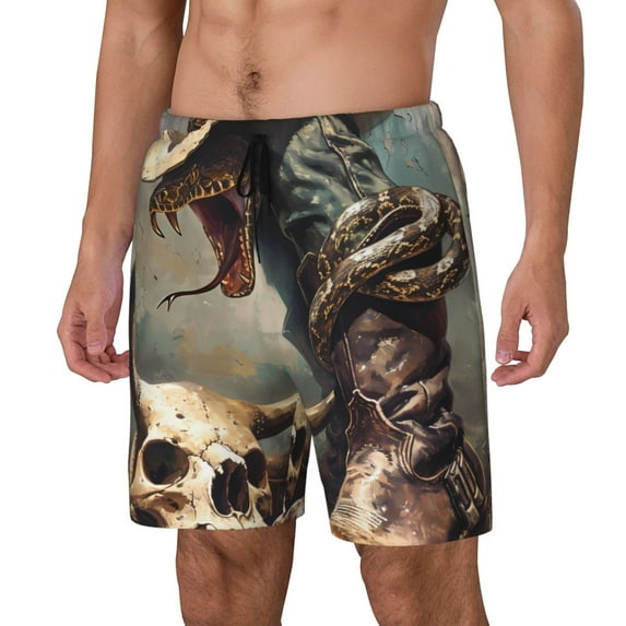 Picia Western Cowboy Snake Ram Skull pattern Mens Swim Trunks with Compression Liner Stretch Beach Shorts Quick Dry with Zipper Pockets No-Chafing Board Shorts-Small