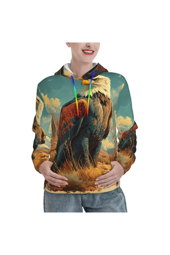 Western Desert Cactus Bald Eagle Pattern Casual Women's Hoodie, Hooded Sweatshirt with Kangaroo Pocket, Comfortable Pullover with Eye-catching Drawstrings-Medium