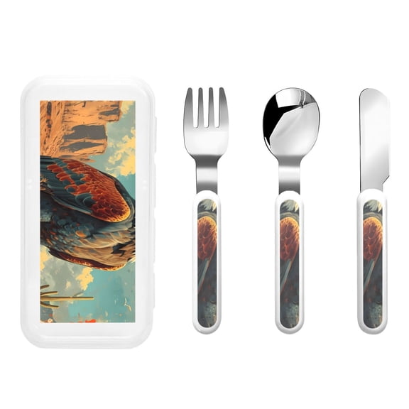 Picia Western Desert Cactus Bald Eagle Print Children's Knife, Fork And Spoon Set - Kids Knife Fork Spoon - Stainless Steel Kids Silverware Set - Metal Kids Cutlery Set