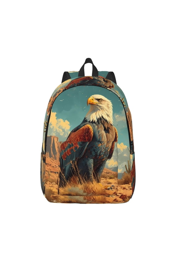 Western Desert Cactus Bald Eagle Printed Canvas Daypack - Stylish and Durable Vintage Compact Backpack - Class, Work, Travel, or Laptop Bookbag,Organized Compartments-Medium