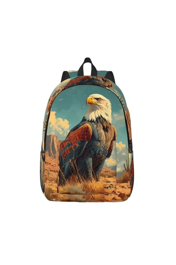 Western Desert Cactus Bald Eagle Printed Canvas Daypack - Stylish and Durable Vintage Compact Backpack - Class, Work, Travel, or Laptop Bookbag,Organized Compartments-