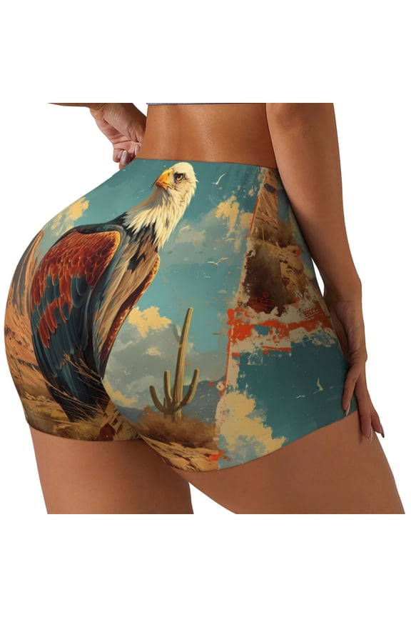 Western Desert Cactus Bald Eagle Printed Workout Shorts for Women Seamless Scrunch Butt Lifting High Waisted Yoga Gym Booty Running Moisture-wicking Short Pants-Large