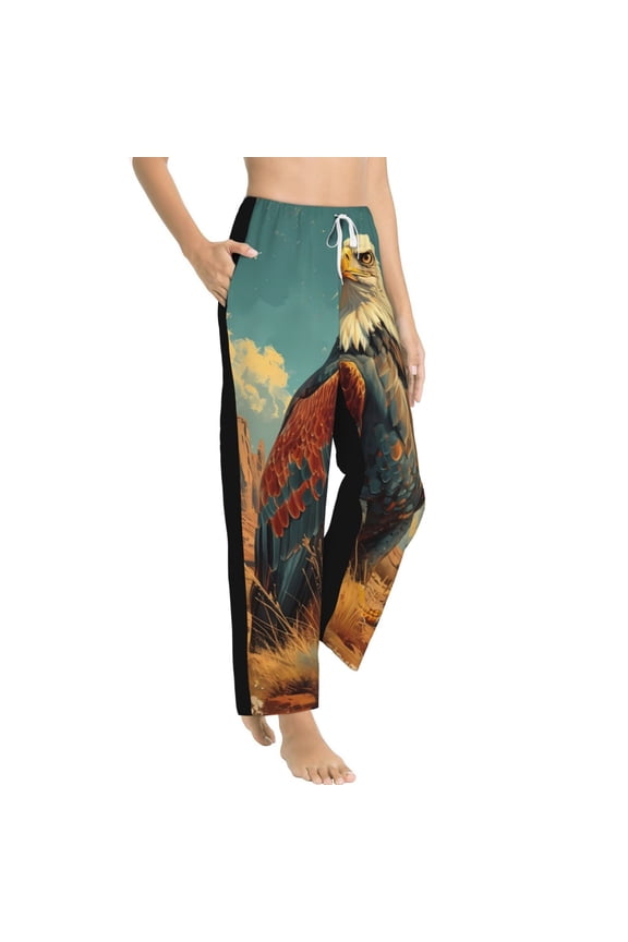 Western Desert Cactus Bald Eagle Womens Soft Woven Cotton Elastic Waistband Sleep Pajama Pant Lounge Sleep Pant With Pockets And Drawstring-Medium