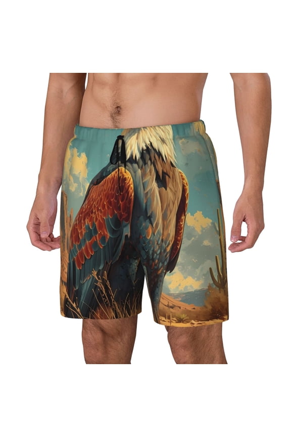Western Desert Cactus Bald Eagle pattern Mens Swim Trunks with Compression Liner Stretch Beach Shorts Quick Dry with Zipper Pockets No-Chafing Board Shorts-Small