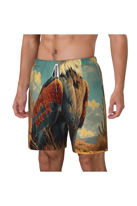 Western Desert Cactus Bald Eagle pattern Mens Swim Trunks with Compression Liner Stretch Beach Shorts Quick Dry with Zipper Pockets No-Chafing Board Shorts-Small