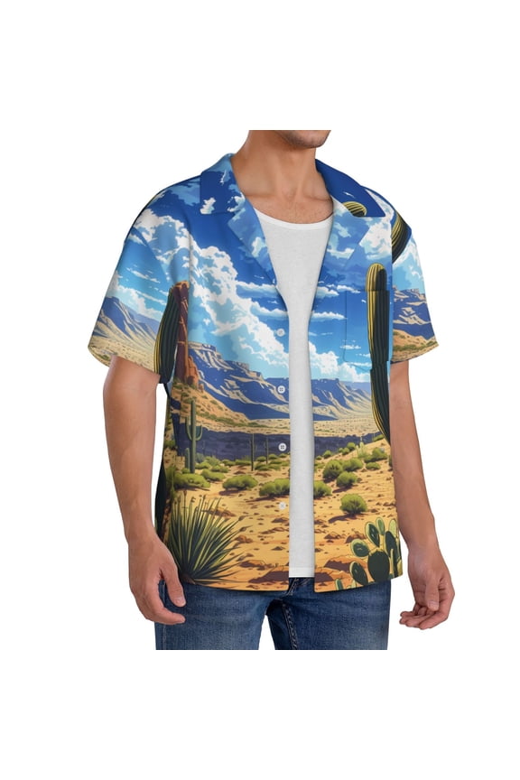 Western Desert Cactus Men's Linen Shirts Short Sleeve Cuban Beach Shirts Casual Shirts Button Down Shirt for Men Beach Summer Wedding Shirt-X-Large