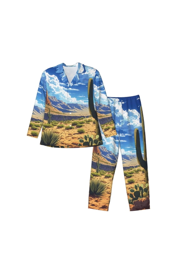Western Desert Cactus Pattern Men’s Long-Sleeve Sleepwear Set - Soft 2-Piece Loungewear with Pockets, Comfy PJs for Relaxing Nights-Large
