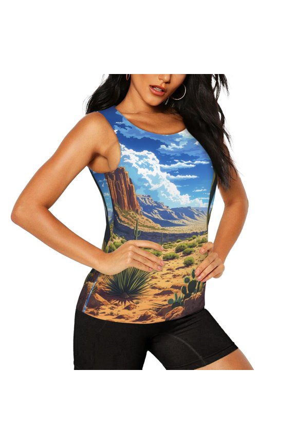 Western Desert Cactus Pattern Women's Workout Tank Top,Breathable Activewear,Slim Fit Athletic Top,Versatile Workout Moisture-wicking top-Medium