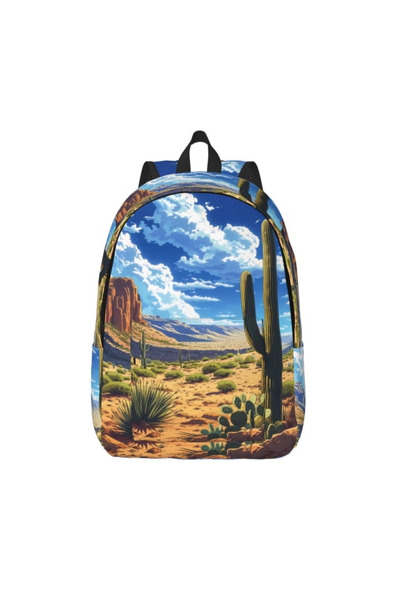 Western Desert Cactus Printed Canvas Daypack - Stylish and Durable Vintage Compact Backpack - Class, Work, Travel, or Laptop Bookbag,Organized Compartments-