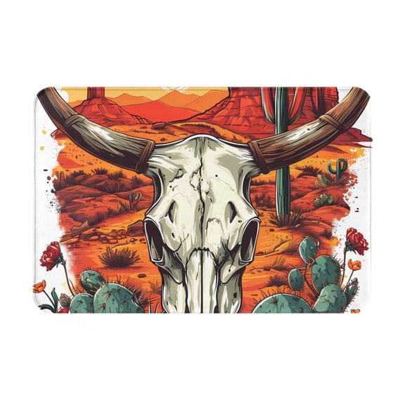 Picia Western Desert Cactus Ram Skull Pattern Flannel Doormat 16x24 Inch Non-Slip Indoor Mat, Absorbent & Quick-Dry Rug for Entryway, Bathroom, Kitchen, and Bedroom, Machine Washable