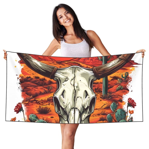 Picia Western Desert Cactus Ram Skull Print Silver Fox Velvet Beach Towel,Quick-Dry Beach Towel,Lightweight Travel Towel,Portable Beach Towels