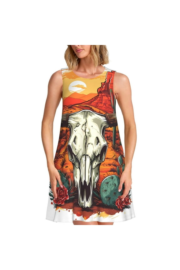 Western Desert Cactus Ram Skull Print Women’s Sleeveless Midi Swing Dress – A-Line Pleated Tank Sundress, Comfortable and Flowy T-Shirt Dress