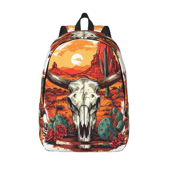 Picia Western Desert Cactus Ram Skull Printed Canvas Daypack - Stylish and Durable Vintage Compact Backpack - Class, Work, Travel, or Laptop Bookbag,Organized Compartments-Small